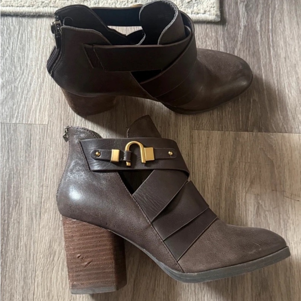 Women's Brown Block-Heel Ankle Boots with Gold Buckle